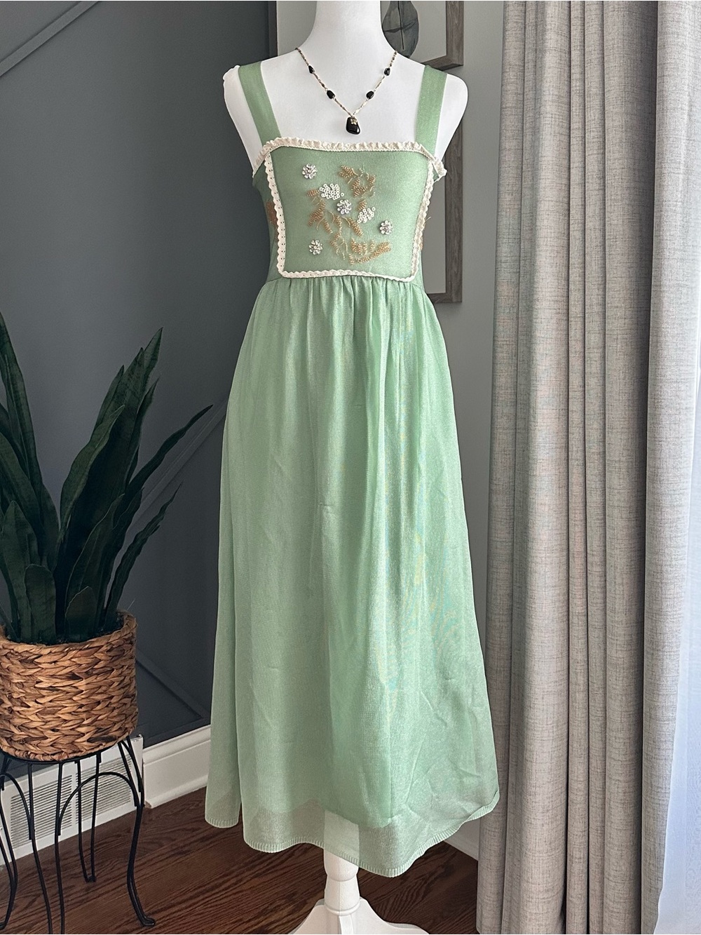 Zara Sage Green Knit Top with Cream Crochet Detail